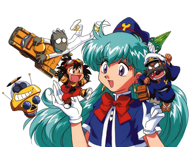 1990s_(style), 1girl, 3boys, aqua_hair, black_hair, earrings, facial_hair, gloves, grey_hair, hat, hoshiwatari_goro, jewelry, kanabe, long_hair, mini_person, miniboy, multiple_boys, mustache, non-web_source, official_art, open_mouth, peaked_cap, retro_artstyle, simple_background, solo_focus, tenjouin_katsura, ucchi_(yat_anshin_uchuu_ryokou), white_background, white_gloves, yamamoto_kaoru, yat_anshin_uchuu_ryokou