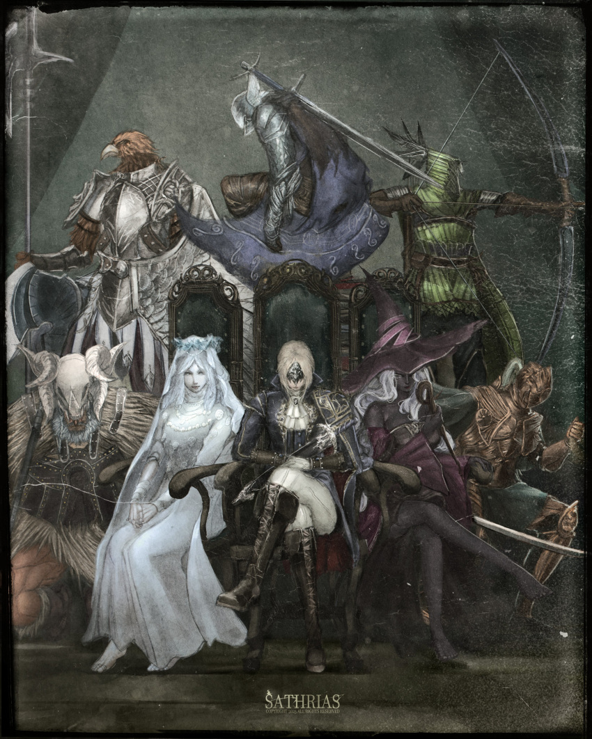 1other, 3girls, 4boys, absurdres, ambiguous_gender, animal_head, animal_skull, armor