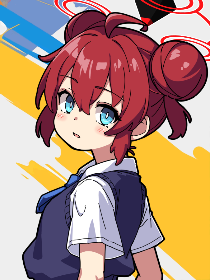 1girl, ahoge, blue_archive, blue_eyes, blue_necktie, blue_sweater_vest, bright_pupils, double_bun