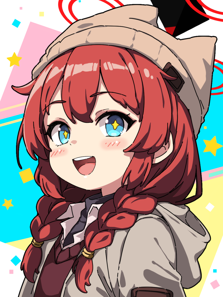 +_+, 1girl, blue_archive, blue_eyes, blush, braid, brown_hat, grey_jacket