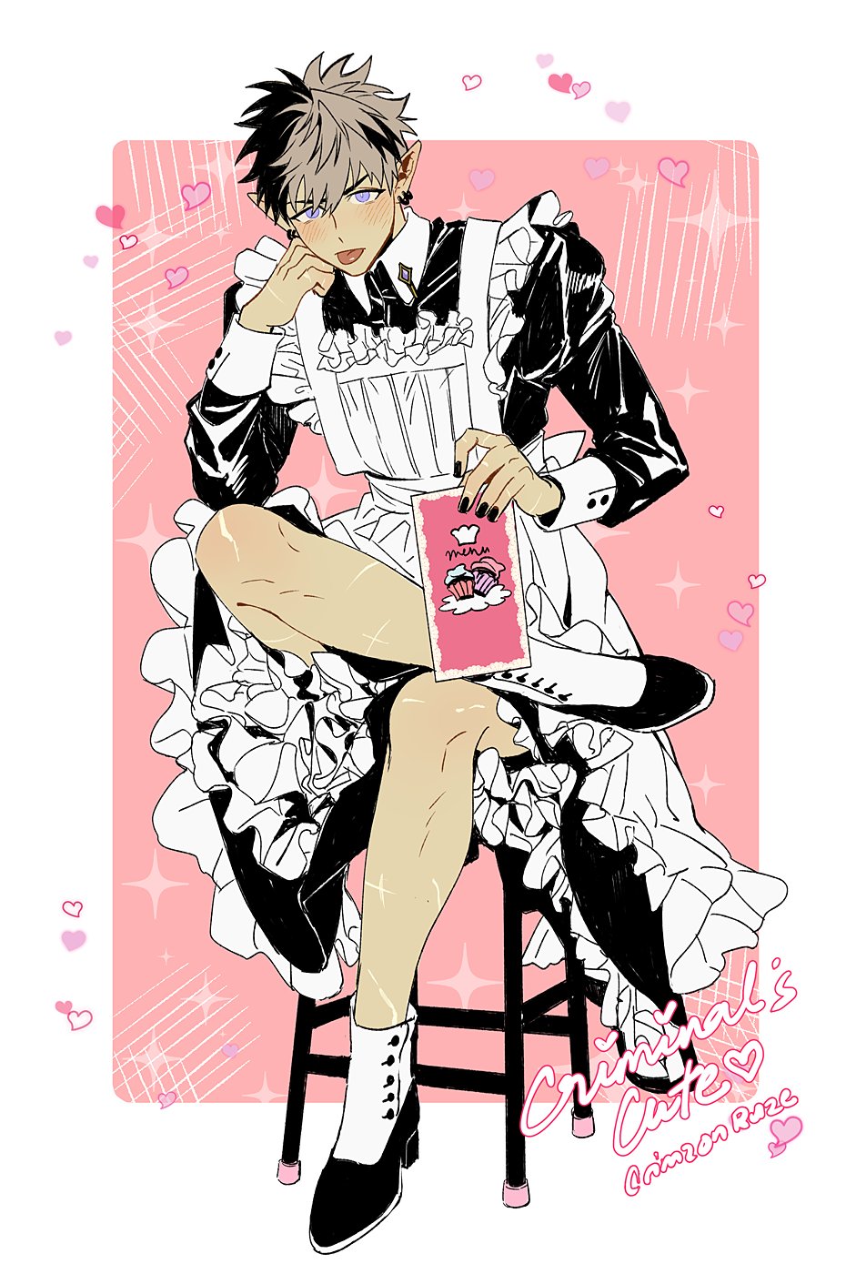 1boy, alternate_costume, ankle_cuffs, apron, black_dress, black_hair, black_nails, black_shoes