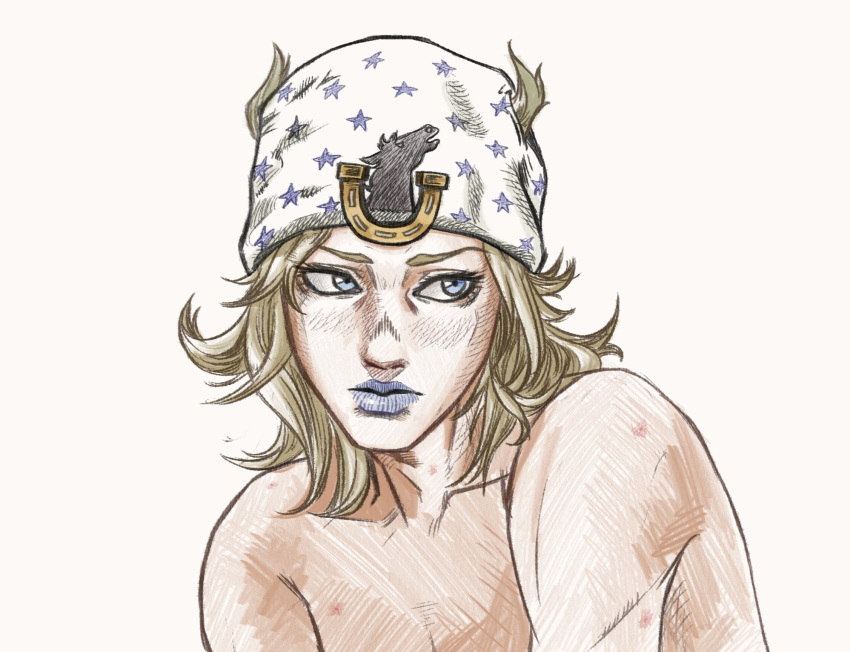 1boy, beanie, blonde_hair, blue_eyes, blue_lips, hat, highres, horse_print, horseshoe, horseshoe_hat_ornament, johnny_joestar, jojo_no_kimyou_na_bouken, makeup, male_focus, medium_hair, pizza990, solo, star_(symbol), star_print, steel_ball_run, topless_male, unfinished, white_hat