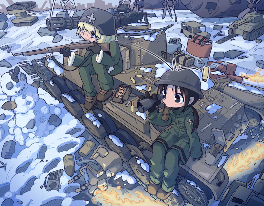 2girls, absurdres, aiming, aircraft, ammunition_box, bayonet, black_eyes, black_gloves