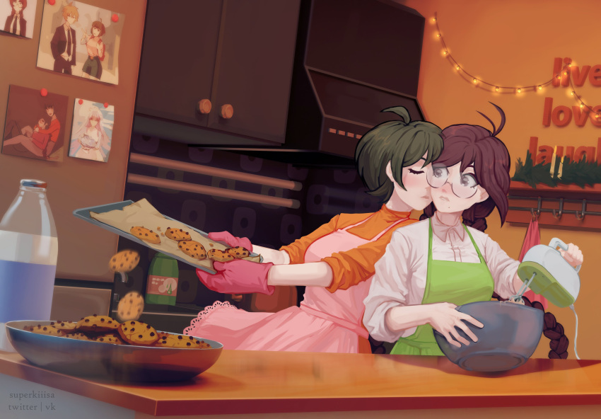 2girls, absurdres, ahoge, alternate_costume, antenna_hair, apron, baking_sheet, bottle, bowl, braid, candle, closed_eyes, closed_mouth, collared_shirt, commentary, cookie, cupboard, danganronpa_(series), danganronpa_another_episode:_ultra_despair_girls, english_commentary, eyelashes, food, fukawa_toko, glasses, green_apron, green_hair, hanging_light, highres, holding, holding_tray, indoors, kirigiri_kyoko, kitchen, lily_(superkiiisa), lips, live_laugh_love, mixer_(cooking), mixing_bowl, mole, mole_under_mouth, multiple_girls, naegi_komaru, nuzzle, orange_shirt, oven_mitts, photo_(object), pink_apron, purple_hair, refrigerator, round_eyewear, shirt, short_hair, sleeves_rolled_up, togami_byakuya, tray, white_shirt, yuri
