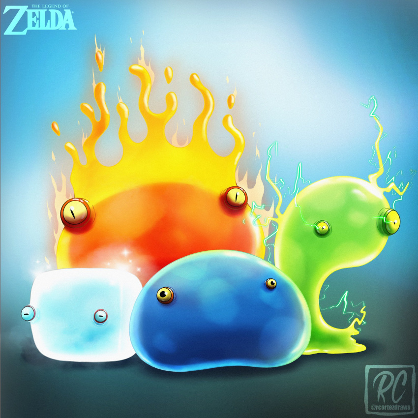 chuchu_(zelda), copyright_logo, creature, creature_focus, electric_chuchu, electricity, fire, fire_chuchu