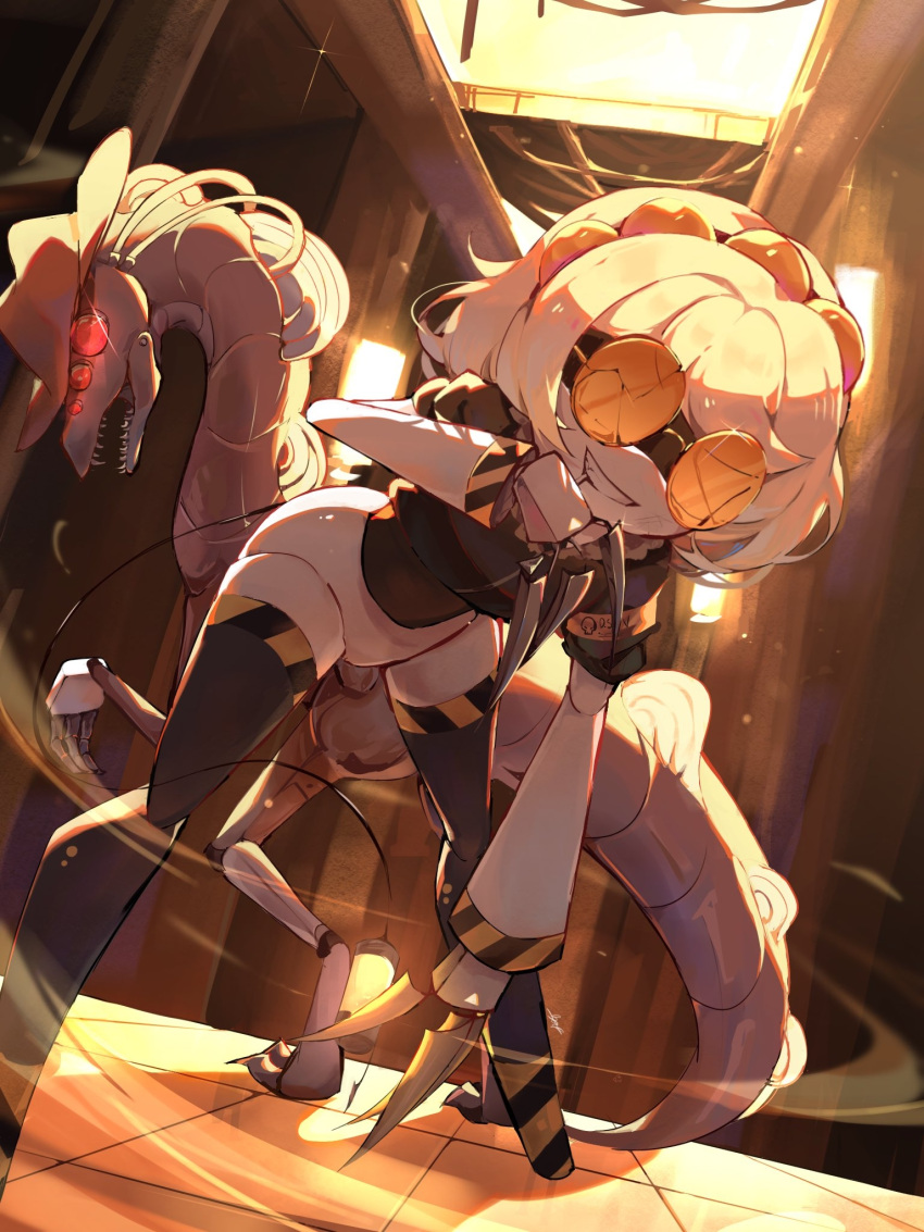 1girl, bapbopboop, black_jacket, cable, cable_tail, claws, commentary, cowboy_hat