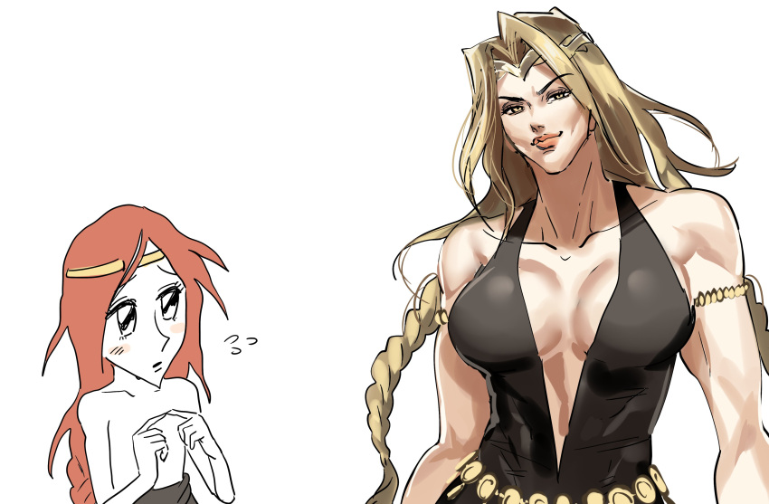 1boy, 1girl, absurdres, armlet, bare_shoulders, belt, blonde_hair, braid, breasts, circlet, closed_mouth, collarbone, comically_sharp_chin, cropped_torso, double-parted_bangs, dress, elden_ring, gold_circlet, halter_dress, halterneck, hands_out_of_frame, hanny_(uirusu_chan), highres, index_fingers_together, jewelry, large_breasts, long_hair, meme, midriff_peek, my_name_is_skyler_white_yo_(meme), no_bra, plunging_neckline, queen_marika_the_eternal, radagon_of_the_golden_order, red_hair, single_braid, size_difference, toned, toned_female, twin_braids, very_long_hair, white_background, yellow_eyes