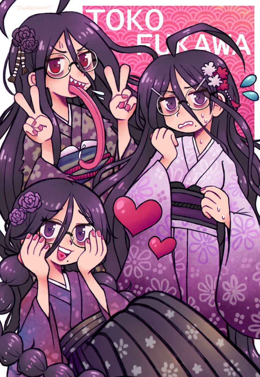 absurdres, alternate_costume, anoge, braid, character_name, commentary, danganronpa:_trigger_happy_havoc, danganronpa_(series), danganronpa_another_episode:_ultra_despair_girls, double_v, english_commentary, floral_print, flower, fukawa_toko, genocider_shou, glasses, hair_flower, hair_ornament, hands_on_own_face, heart, heart-shaped_pupils, highres, jackie_kawaii, japanese_clothes, kimono, long_hair, long_tongue, mole, mole_under_mouth, multiple_girls, multiple_views, nail_polish, nervous, nervous_sweating, open_mouth, pink_nails, purple_flower, purple_kimono, purple_sash, red_eyes, round_eyewear, saliva, sash, sharp_teeth, smile, sweat, symbol-shaped_pupils, teeth, tongue, tongue_out, twin_braids, twintails, v