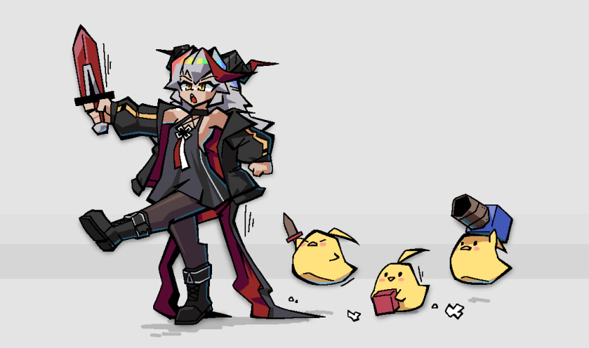 1girl, aged_down, azur_lane, bird, black_boots, black_dress, black_horns, black_jacket
