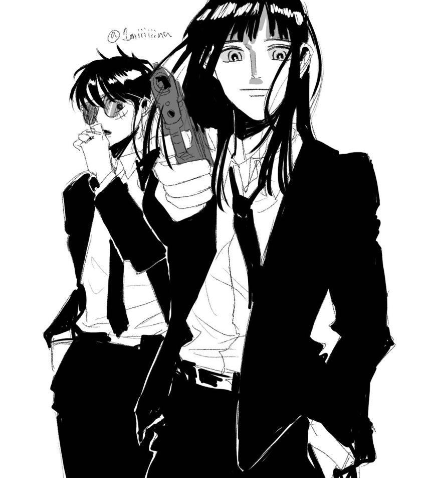 1boy, 1girl, 1miiiiiina, blunt_bangs, closed_mouth, collared_shirt, commentary_request, cowboy_shot