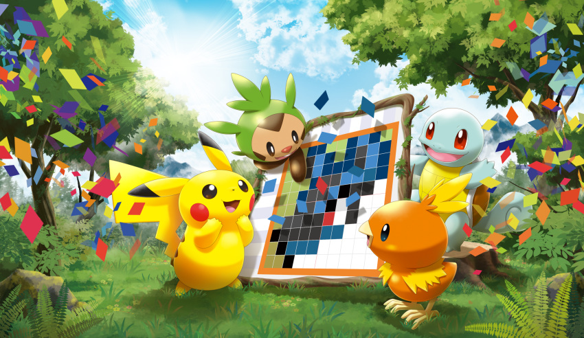 absurdres, animal_focus, blue_sky, bush, chespin, clouds, confetti, day, dot_nose, fern, highres, key_visual, lucario, nature, no_humans, nonogram, official_art, open_mouth, outdoors, picross, pikachu, pokemon, pokemon_(creature), pokemon_focus, pokemon_picross, promotional_art, puzzle, red_eyes, rock, saitou_kouki, sky, smile, squirtle, sun, sunlight, textless_version, third-party_source, torchic, tree, tree_stump