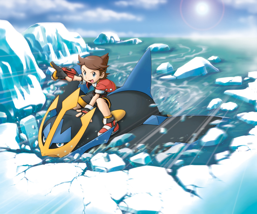1boy, artist_request, belt, bird, black_gloves, black_shorts, blue_eyes, blue_sky