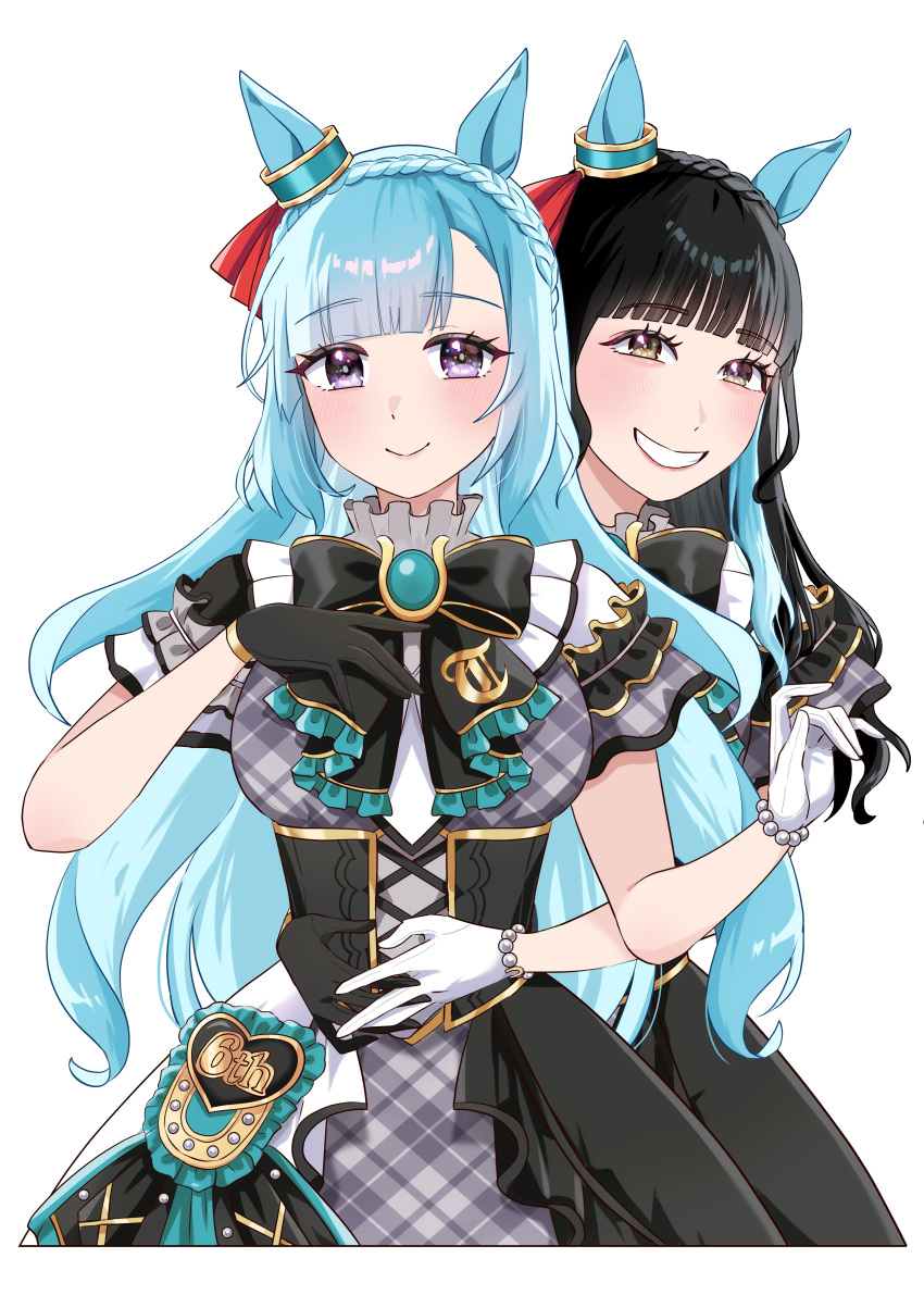 2girls, absurdres, aizawa_saya, alternate_costume, black_hair, blue_hair, blush, braid, breasts, crown_braid, gloves, grin, hair_between_eyes, hair_ornament, highres, hug, hug_from_behind, looking_at_viewer, medium_breasts, mejiro_ardan_(umamusume), multiple_girls, nitsutomeo_shinobu, real_life, smile, umamusume, violet_eyes, voice_actor, white_background