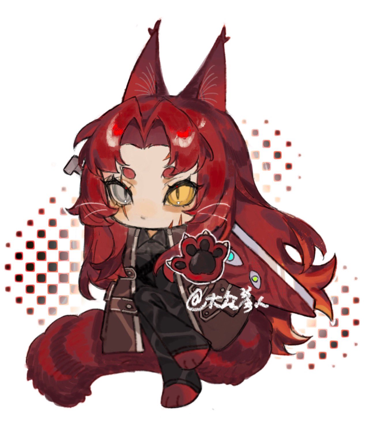 1girl, animal_ears, animal_hands, black_pants, black_shirt, bngb_love, brown_coat, cat_ears, cat_girl, cat_tail, coat, collared_shirt, deformed, e.g.o_(project_moon), full_body, gebura_(project_moon), grey_eyes, heterochromia, highres, holding, holding_sword, holding_weapon, library_of_ruina, long_hair, long_sleeves, looking_at_viewer, mimicry_(e.g.o), pants, parted_bangs, pawpads, project_moon, red_hair, scar, scar_across_eye, scar_on_face, shirt, sidelocks, simple_background, solo, standing, sword, tail, very_long_hair, weapon, white_background, yellow_eyes