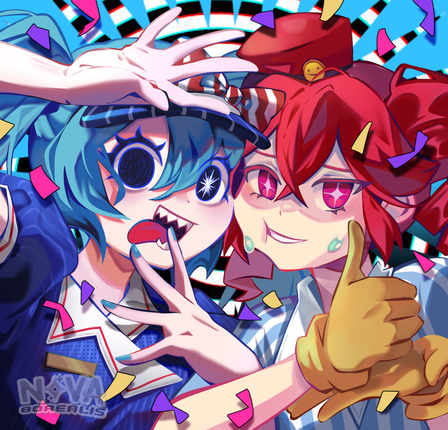 2girls, arm_up, black_background, blue_background, blue_hair, blue_hat, blue_nails, bow
