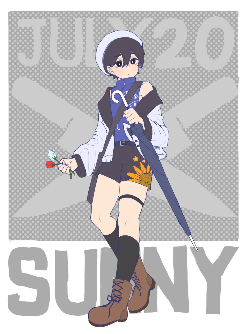 1boy, alternate_costume, black_eyes, black_hair, black_shorts, black_socks, boots, bright_pupils
