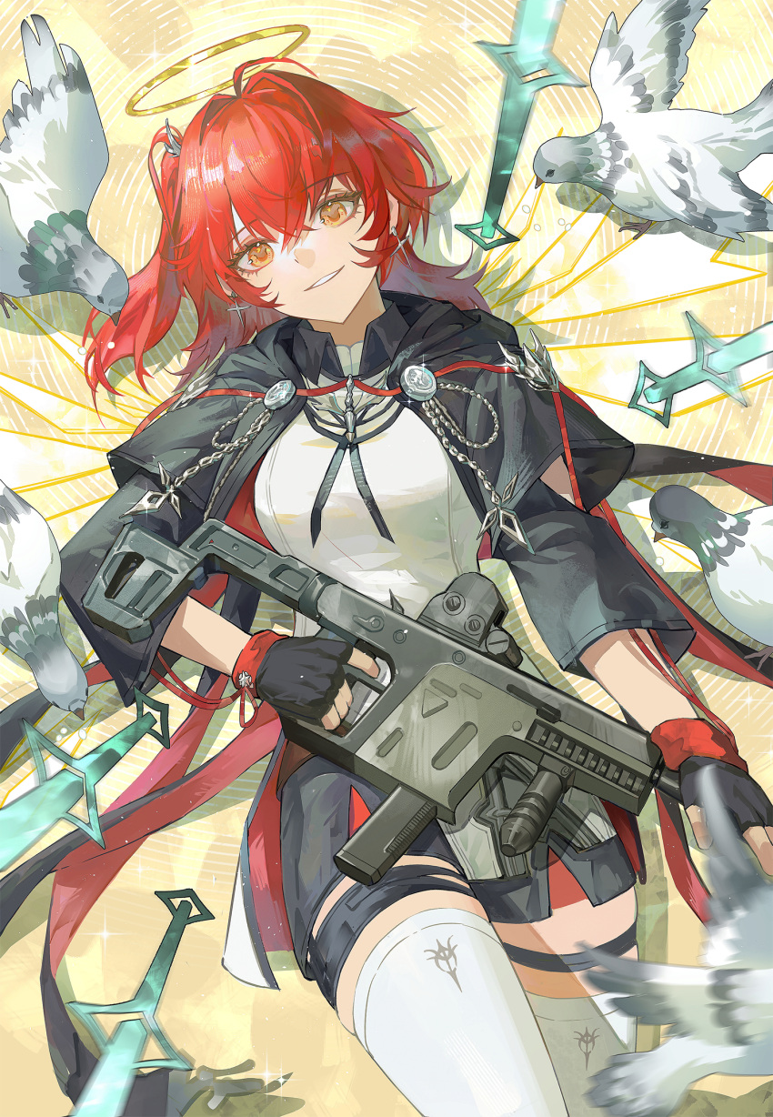 1girl, animal, arknights, bird, black_gloves, commentary, cowboy_shot, cross