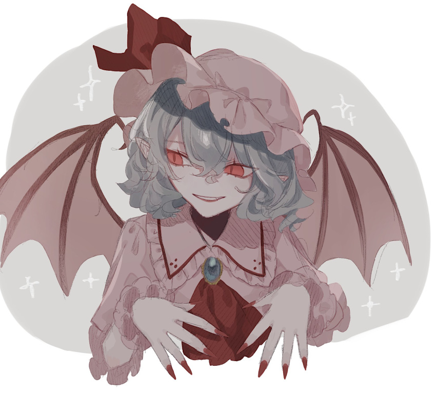1girl, ascot, bat_wings, blue_gemstone, fingernails, frilled_cuffs, frilled_hat, frilled_shirt_collar