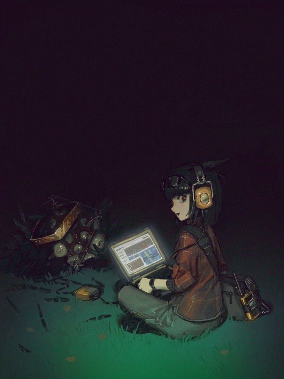 1girl, biomechanical, biopunk, black_hair, blunt_bangs, blunt_ends, cable, computer, crossed_legs, dark_background, eyewear_on_head, headphones, highres, holding, holding_laptop, horror_(theme), laptop, looking_at_viewer, medium_hair, notfuji, on_grass, open_mouth, original, pants, plaid_clothes, plaid_shirt, radio_antenna, red_eyes, shirt, solo, too_many_eyes, turning_head, walkie-talkie, watch, watch