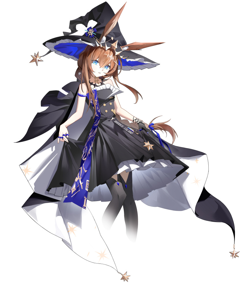 1girl, absurdres, ambience_synesthesia, amiya_(arknights), amiya_(medic)_(arknights), amiya_(medic)_(solo_around_the_world)_(arknights), animal_ears, arknights, armlet, bare_shoulders, black_dress, black_gloves, black_hat, black_pantyhose, blue_eyes, blue_hat, brown_hair, chinese_commentary, clothes_writing, commentary_request, cropped_legs, dress, ears_through_headwear, frilled_dress, frilled_hat, frills, gloves, hair_between_eyes, hat, highres, jewelry, long_hair, looking_at_viewer, multiple_rings, official_alternate_costume, pantyhose, parted_lips, partial_commentary, ring, sanzen_rakusetsu_chu, simple_background, single_glove, skirt_hold, solo, standing, two-sided_fabric, two-sided_headwear, white_background, witch_hat