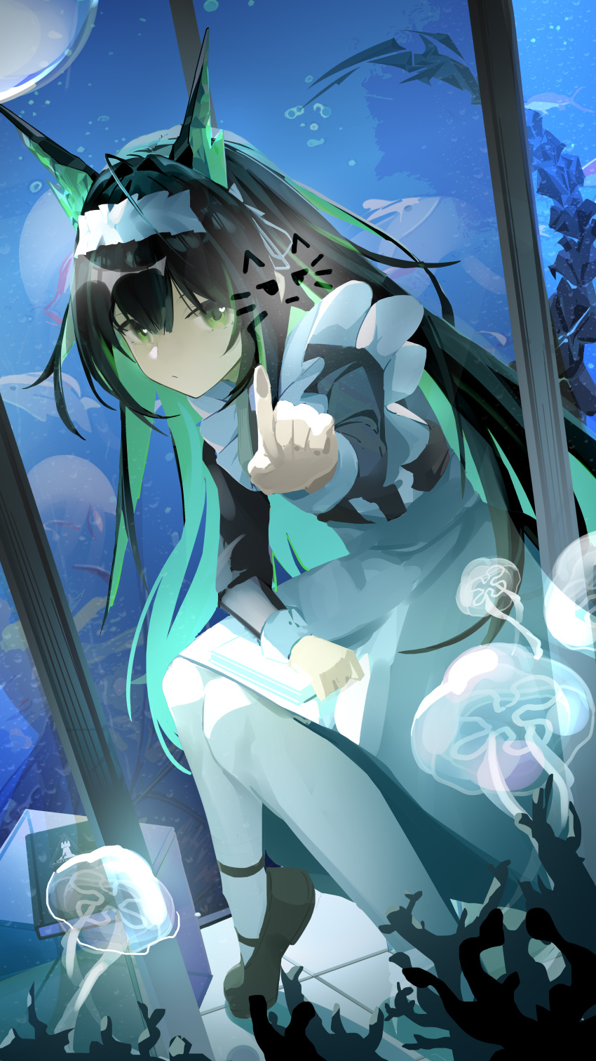 1girl, absurdres, air_bubble, alternate_costume, animal, apron, aquarium, arknights, black_dress, black_hair, black_shoes, book, bubble, closed_mouth, colored_inner_hair, dress, enmaided, frills, green_eyes, green_hair, hair_between_eyes, highres, jellyfish, knees_together_feet_apart, long_hair, long_sleeves, looking_at_viewer, maid, maid_apron, mon3tr_(arknights), multicolored_hair, pointing, pointing_at_viewer, rhodes_island_logo_(arknights), sanzen_rakusetsu_chu, shoes, solo, water, white_apron
