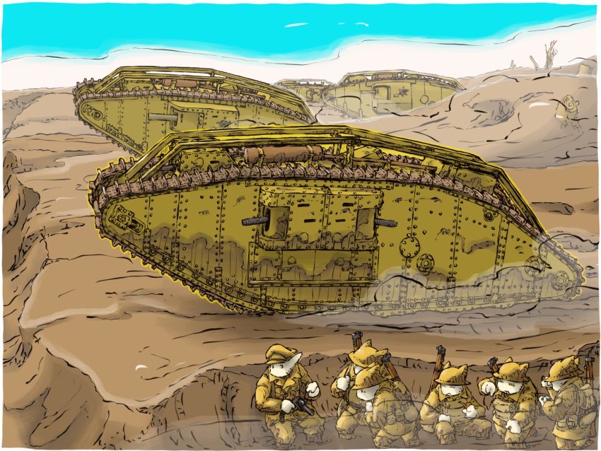 6+boys, battlefield, bolt_action, british_army, brodie_helmet, cannon, caterpillar_tracks, combat_helmet