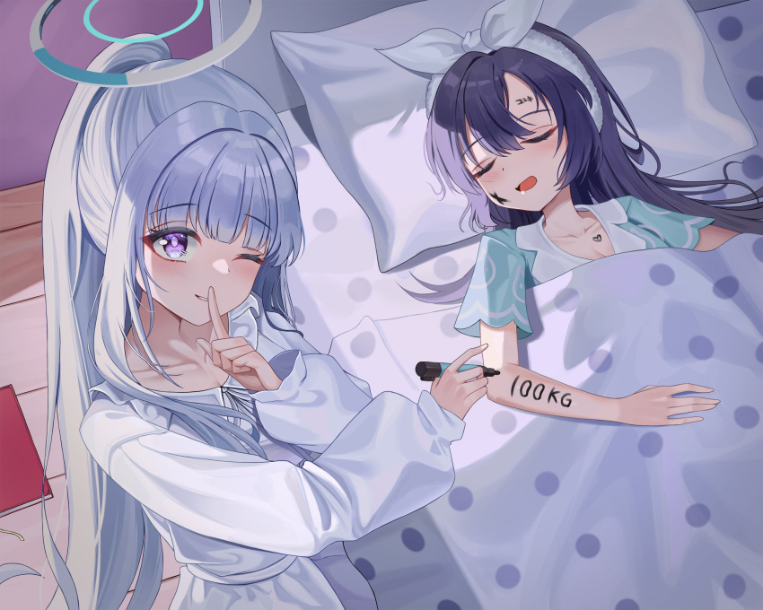 2girls, animal_print, bedroom, blue_archive, blue_hair, blue_pajamas, blue_shirt, blush, body_writing, bow_hairband, breasts, cat_print, chanpower233, closed_eyes, dress, facial_mark, fat_joke, finger_to_mouth, grey_hair, grin, hairband, halo, highres, index_finger_raised, indoors, long_hair, long_sleeves, looking_at_viewer, mechanical_halo, medium_breasts, messy_hair, multiple_girls, nightgown, noa_(blue_archive), noa_(pajamas)_(blue_archive), official_alternate_costume, official_alternate_hairstyle, on_bed, one_eye_closed, pajamas, pillow, ponytail, shirt, short_sleeves, shushing, sleeping, sleepover, smile, swept_bangs, very_long_hair, violet_eyes, white_dress, white_hairband, white_halo, white_nightgown, white_pajamas, yuuka_(blue_archive), yuuka_(pajamas)_(blue_archive)