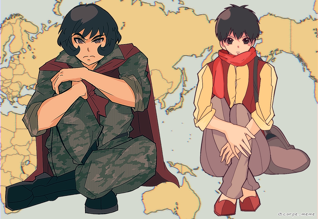 2boys, black_eyes, black_hair, brown_hair, cape, carpe_meme, male_focus, marco_polo_(touhouken_bunroku), military_uniform, multiple_boys, red_vest, scarf, short_hair, sitting, touhouken_bunroku, touhouken_bunroku_(game), vest