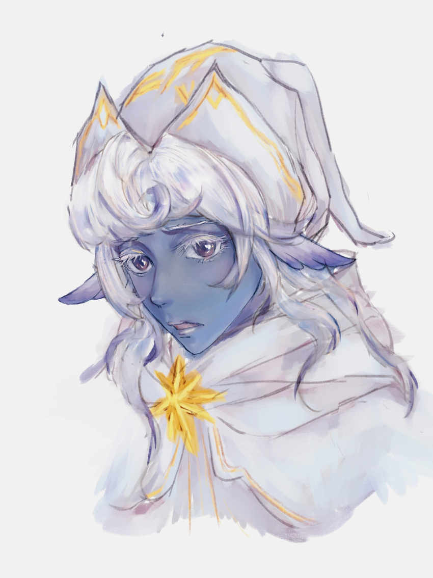 1boy, absurdres, blue_skin, character_request, cherry.jin, chinese_commentary, cloak, colored_eyelashes
