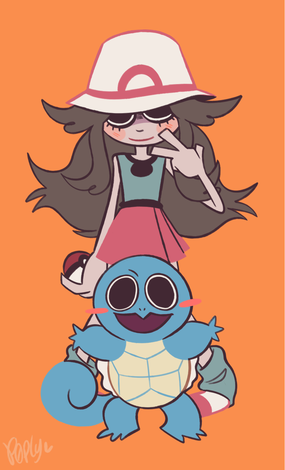 1girl, blush_stickers, brown_hair, hat, highres, kubrick_stare, leaf_(pokemon), long_hair