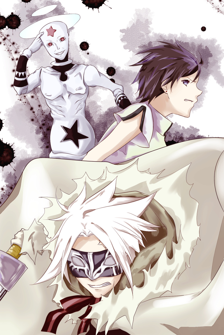 1boy, 1girl, 1other, akuma_(d.gray-man), allen_walker, black_mask, black_stripes, body_markings
