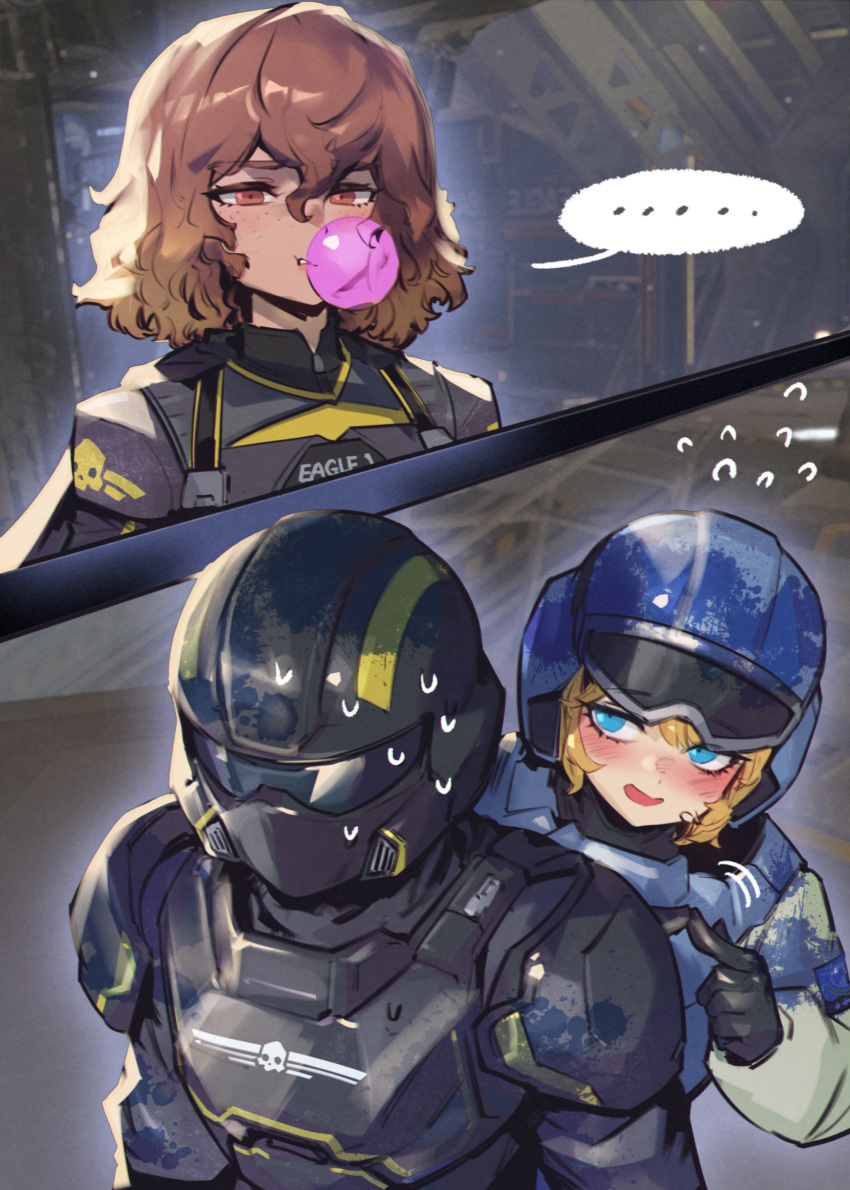 2girls, absurdres, armor, assault_visor, black_armor, black_gloves, black_visor, blonde_hair