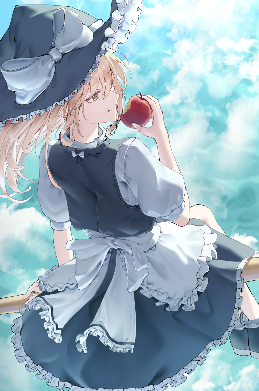 1girl, absurdres, apple, apron, back_bow, black_hat, black_shoes, black_skirt