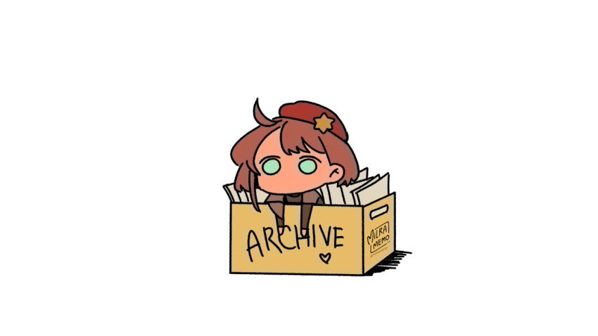 1girl, beret, blue_eyes, box, brown_hair, brown_jacket, chibi, commentary, courier_(fallout:_new_vegas), english_commentary, english_text, fallout, fallout:_new_vegas, hat, heart, in_box, in_container, jacket, milramemo, noelle_(milramemo), red_hat, signature, simple_background, solo, twitter_username, white_background
