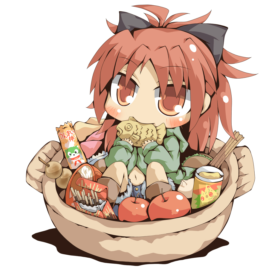apple, bad_id, carazuki, chibi, eating, food, fruit, hamburger, mahou_shoujo_madoka_magica, manjuu, navel, pocky, ponytail, red_eyes, red_hair, redhead, sakura_kyouko, solo, taiyaki, wagashi