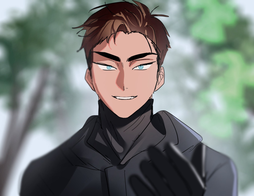 1boy, alien_stage, black_gloves, black_shirt, brown_hair, commentary, cosplay, dark-skinned_male