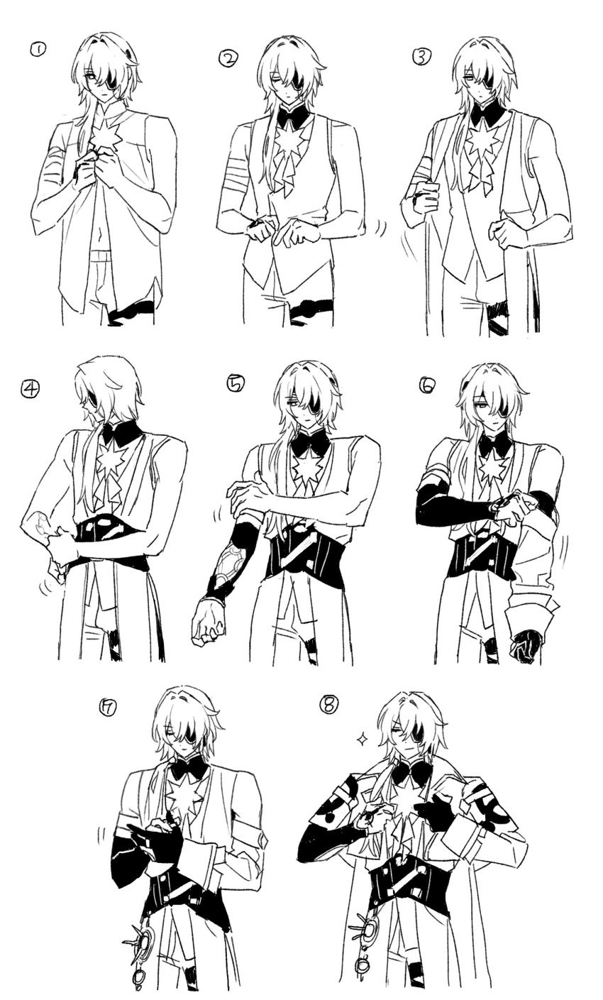1boy, 35684187031, anaxa_(honkai:_star_rail), bare_shoulders, closed_eyes, closed_mouth, cowboy_shot, dressing