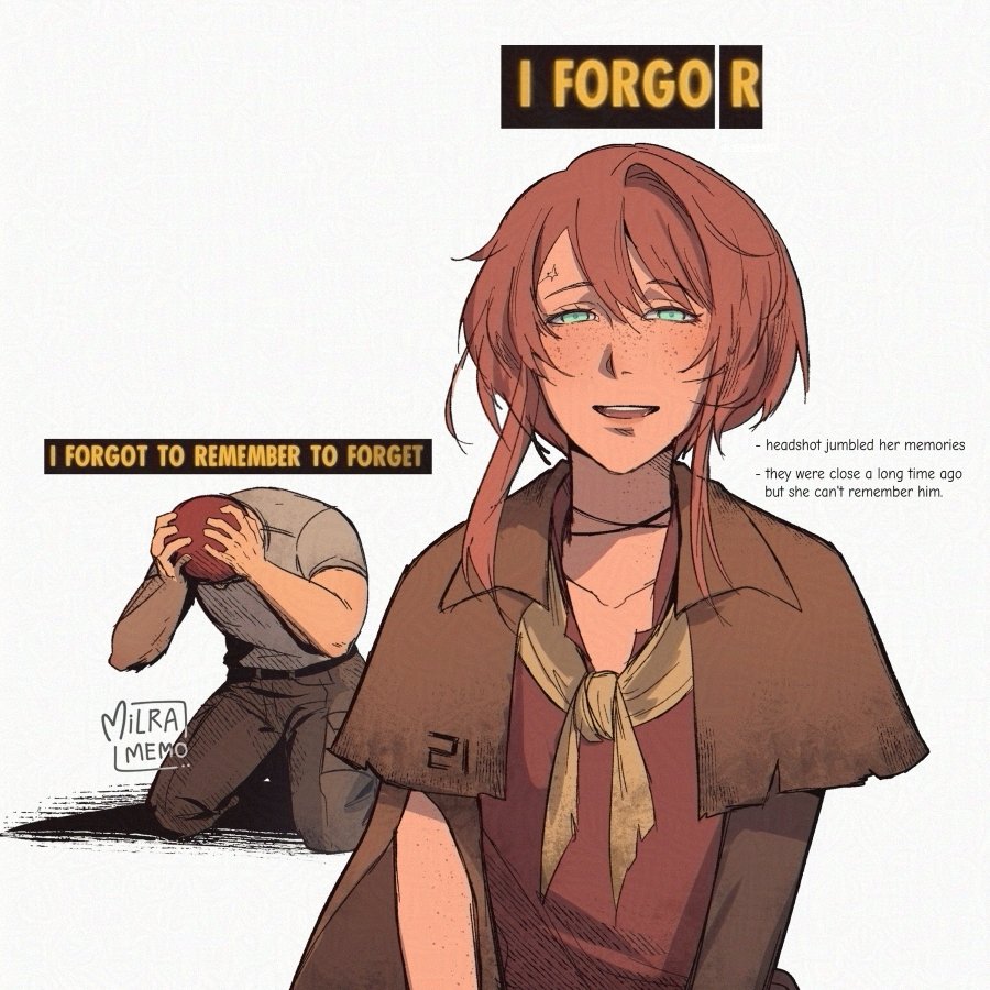 1boy, 1girl, :d, arms_up, beret, blue_eyes, brown_hair, brown_pants, brown_shoes, commentary, courier_(fallout:_new_vegas), craig_boone, english_commentary, english_text, engrish_text, fallout, fallout:_new_vegas, freckles, grey_background, grey_shirt, hair_between_eyes, half-closed_eyes, hands_on_headwear, hat, i_forgor_(meme), kneeling, meme, milramemo, noelle_(milramemo), pants, ranguage, red_hat, shadow, shirt, shoes, short_sleeves, simple_background, smile