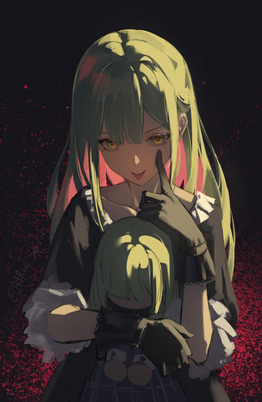 1girl, :p, airool, akanbe, bang_dream!, bang_dream!_it's_mygo!!!!!, black_background, black_dress