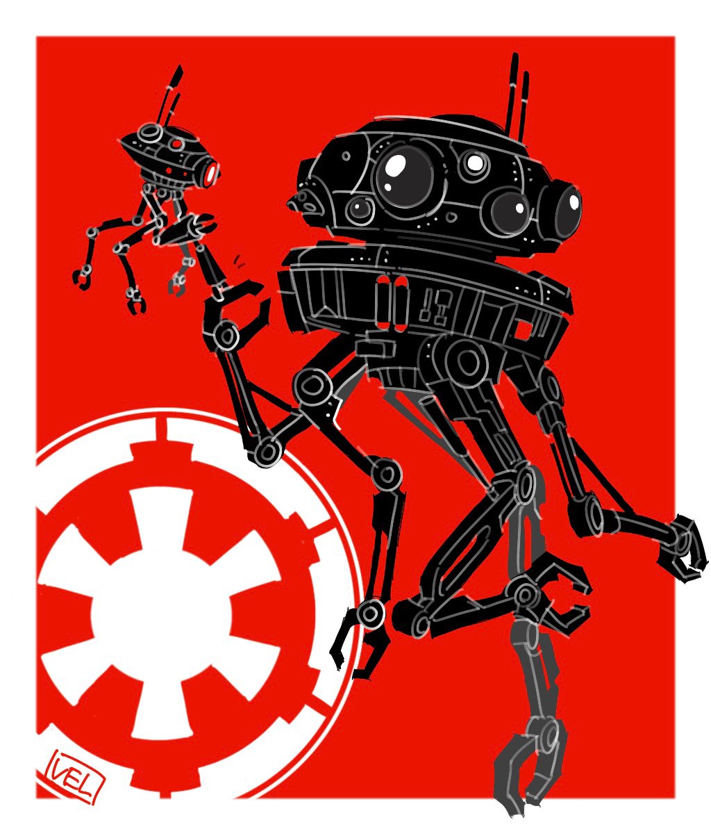 artist_name, droid, highres, imperial_logo_(star_wars), no_humans, probe_droid, red_background, robot