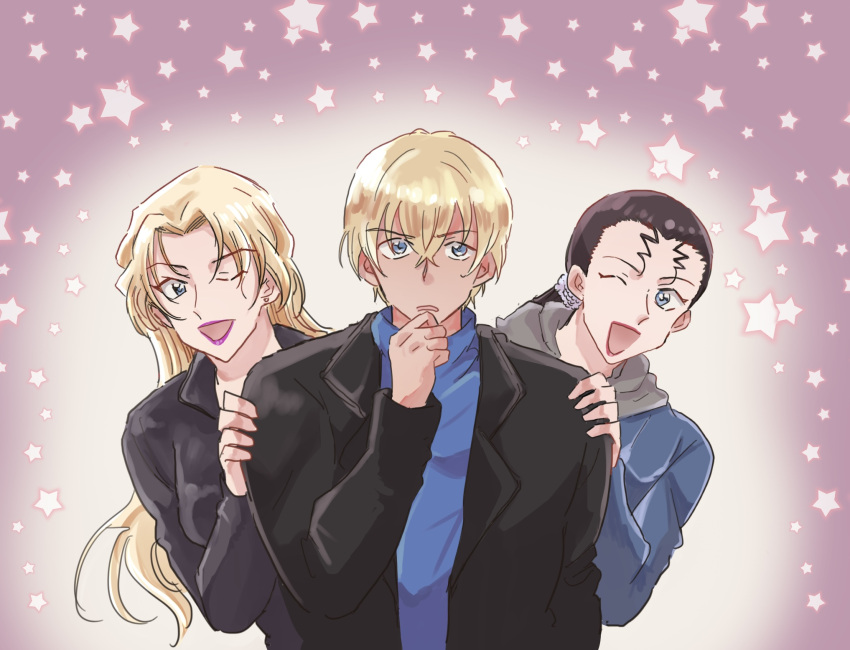 1boy, 2girls, ;d, amuro_tooru, beeemaru02, black_hair, black_jacket, blonde_hair