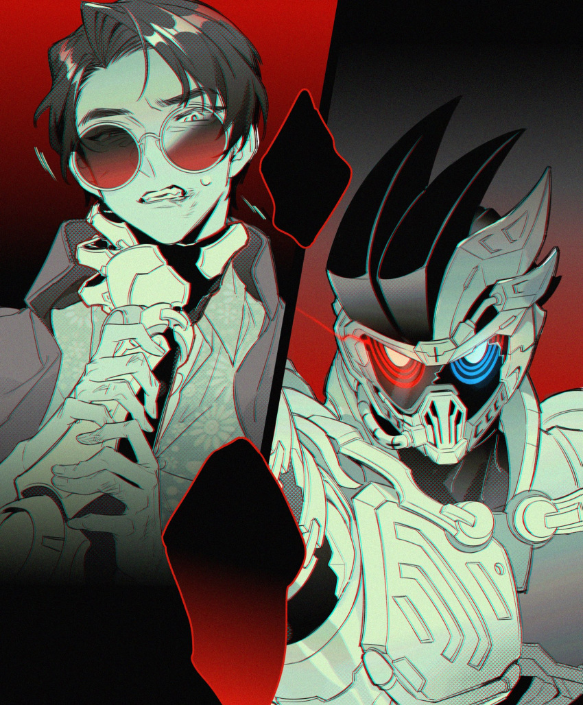 @_@, armor, blue_eyes, bone_armor, breastplate, brown_hair, dangerous_zombie_level_x, floral_print
