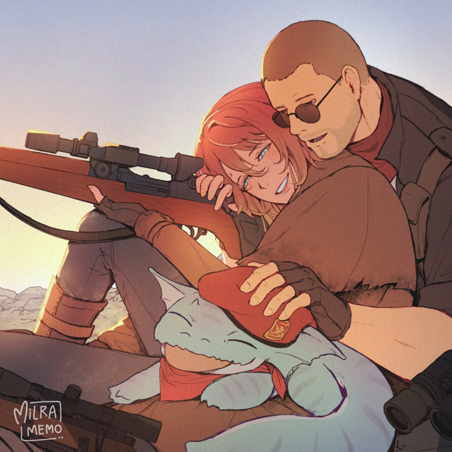 1boy, 1girl, animal, beret, binoculars, black_jacket, blue_eyes, blue_sky