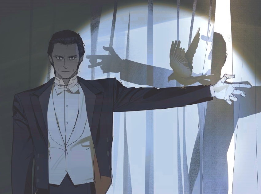 1boy, absurdres, animal_on_arm, between_fingers, bird, bird_on_arm, black_hair, black_jacket