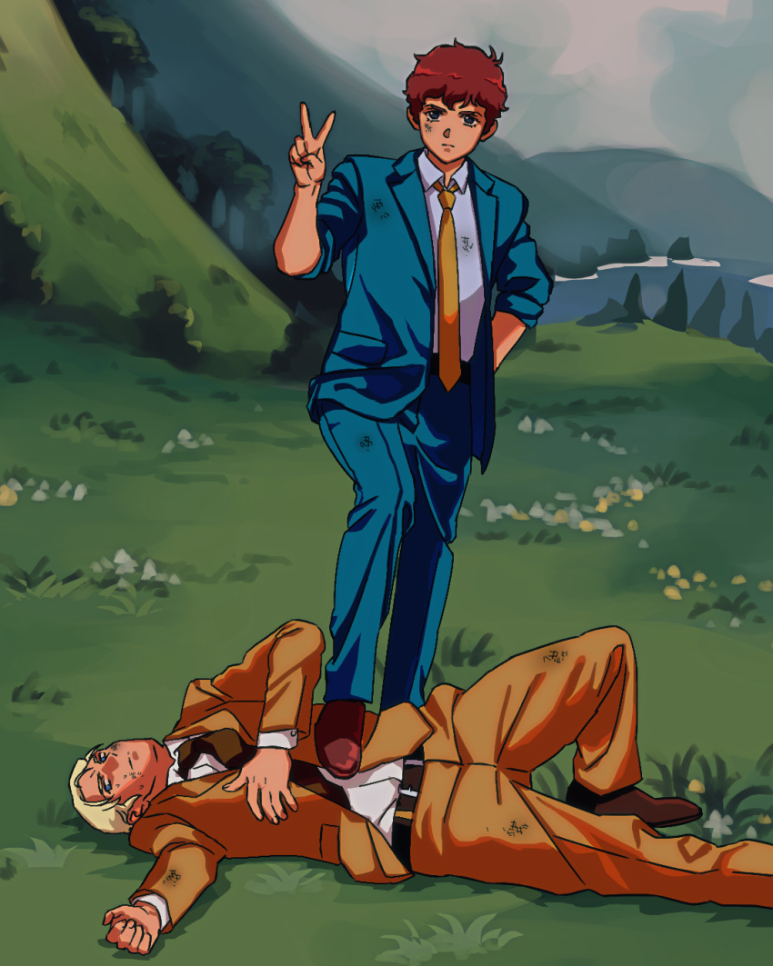 2boys, amuro_ray, arm_behind_back, belt, black_belt, black_necktie, blonde_hair, blue_eyes, blue_jacket, blue_pants, blue_shirt, blue_suit, brown_hair, brown_shoes, char's_counterattack, char_aznable, collared_shirt, commentary_request, day, dirty, dirty_clothes, dirty_face, facing_viewer, field, foot_on_another's_stomach, grass, gundam, highres, jacket, looking_ahead, lying, male_focus, multiple_boys, nature, necktie, on_back, on_grass, outdoors, pants, shirt, shoes, sleeve_cuffs, sleeves_rolled_up, suit, suit_jacket, tree, v, white_shirt, wing_collar, yellow_jacket, yellow_necktie, yellow_shirt, yellow_suit, yy0880yy