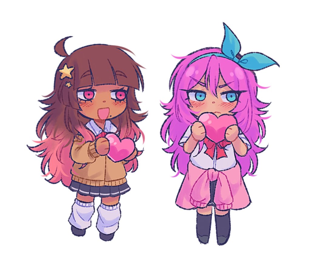 2girls, :<, :d, ahoge, alternate_costume, aqua_eyes, aqua_hairband, aubrey_(faraway)_(omori)