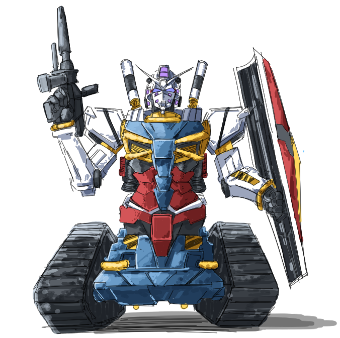 caterpillar_tracks, commentary_request, full_body, ganma_(nicoseiga52595768), gun, gundam, gundam_0079_the_war_for_earth, gundam_gquuuuuux
