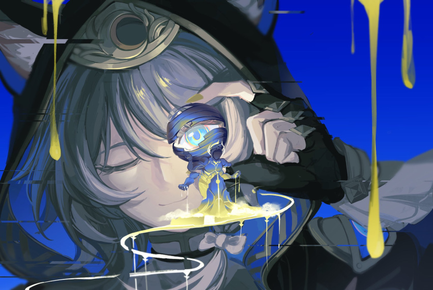 animal_ears, blue_background, cat_ears, cipher_(honkai:_star_rail), closed_eyes, highres, one_eye_closed, qinglan1044