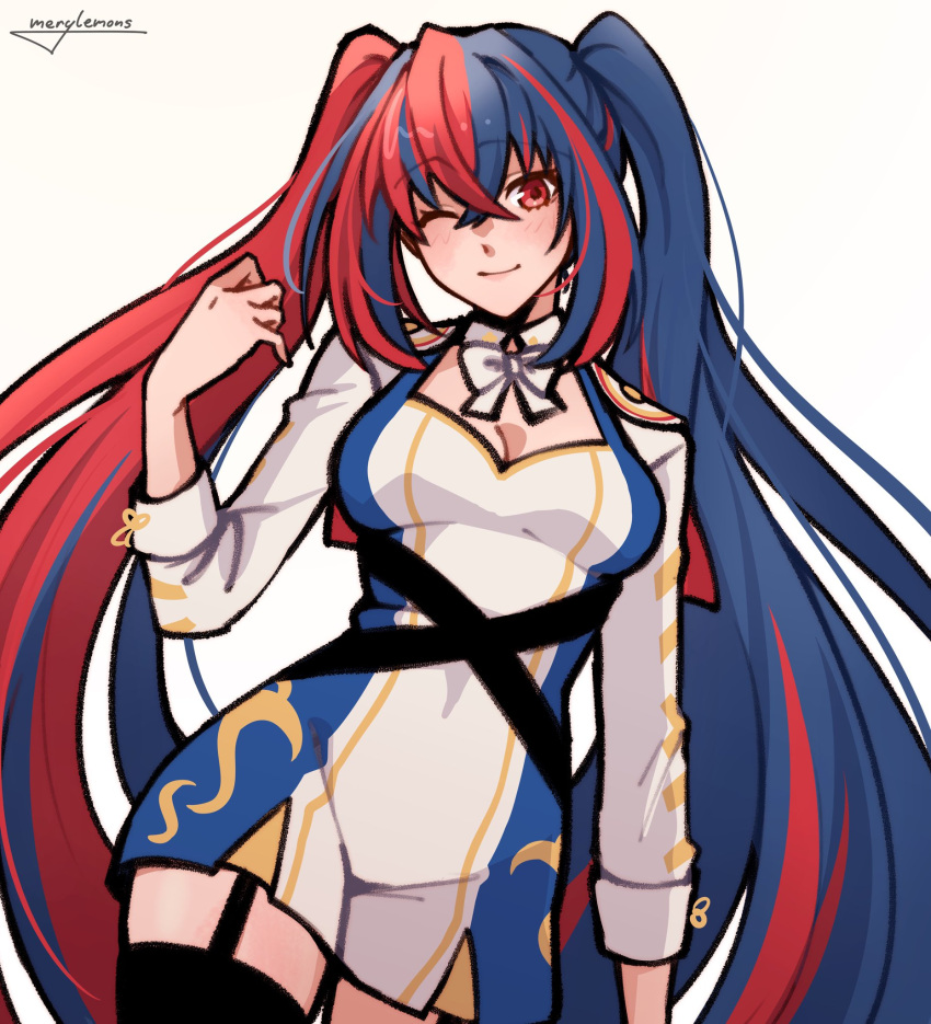 1girl, alternate_hairstyle, blue_hair, breasts, crossed_bangs, female_alear_(fire_emblem), fire_emblem, fire_emblem_engage