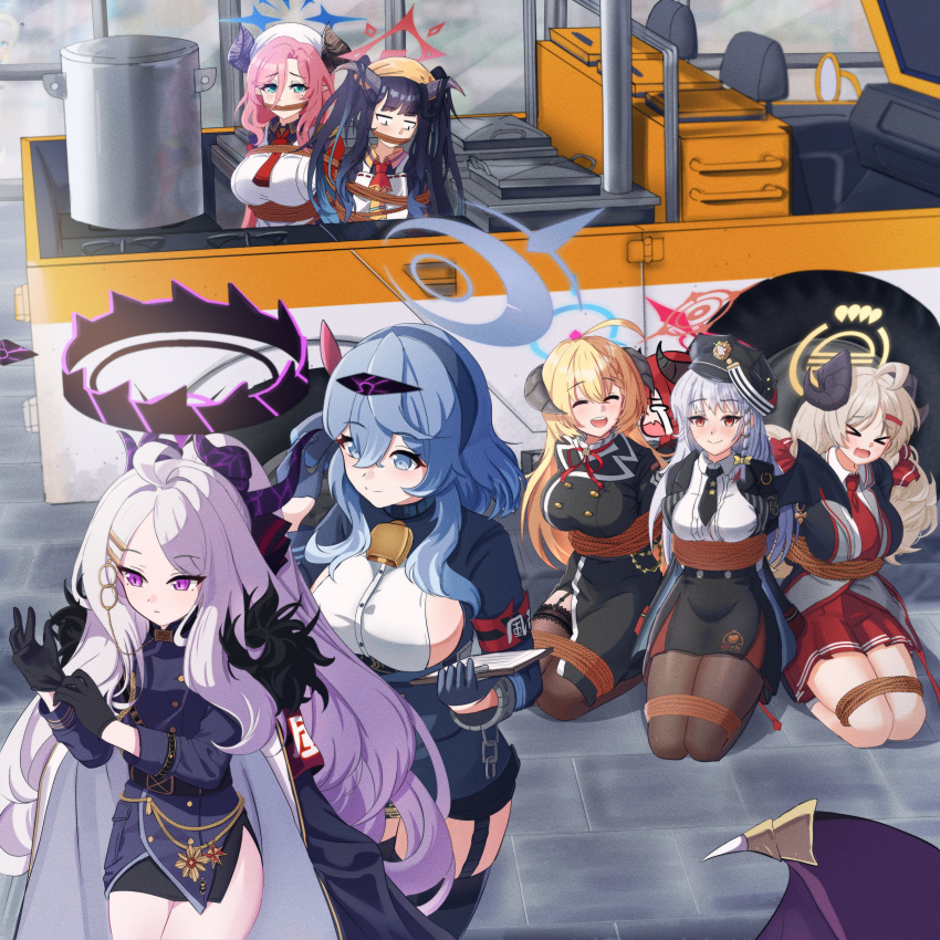6+girls, absurdres, ahoge, akari_(blue_archive), ako_(blue_archive), black_halo, blonde_hair, blue_archive, blue_eyes, blue_hair, breasts, car, commentary, demon_girl, demon_horns, demon_tail, demon_wings, english_commentary, fuuka_(blue_archive), gourmet_research_society_(blue_archive), halo, haruna_(blue_archive), hat, highres, hina_(blue_archive), horns, indoors, izumi_(blue_archive), junko_(blue_archive), juri_(blue_archive), long_hair, motor_vehicle, multiple_girls, red_hair, sitting, skirt, small_breasts, standing, tail, twintails, violet_eyes, white_hair, wings, yami071